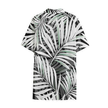 Black White Tropical Leaf Pattern Print Cotton Hawaiian Shirt