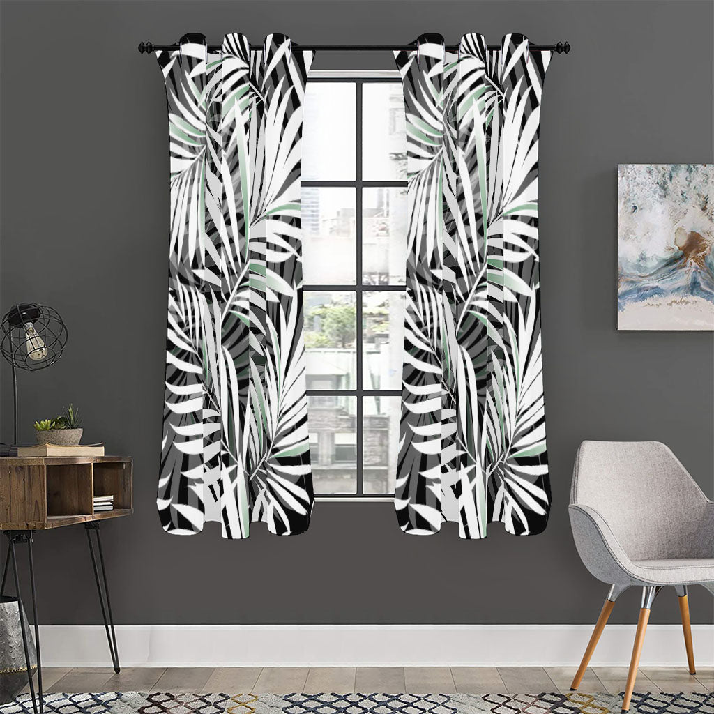 Black White Tropical Leaf Pattern Print Curtain