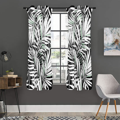 Black White Tropical Leaf Pattern Print Curtain