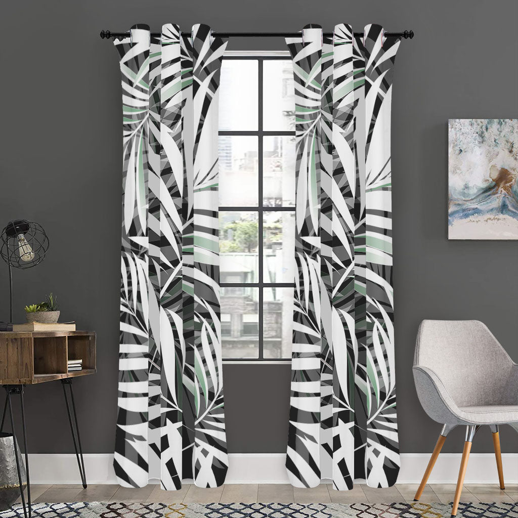 Black White Tropical Leaf Pattern Print Curtain