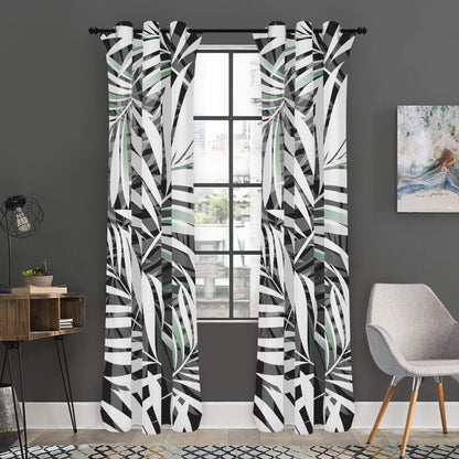 Black White Tropical Leaf Pattern Print Curtain