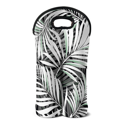 Black White Tropical Leaf Pattern Print Double Neoprene Wine Tote