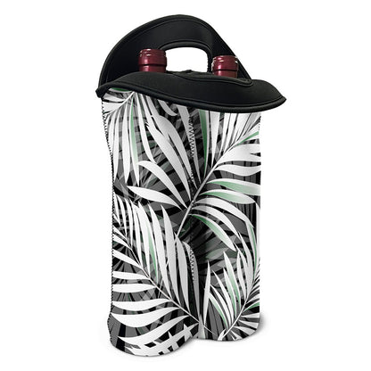 Black White Tropical Leaf Pattern Print Double Neoprene Wine Tote