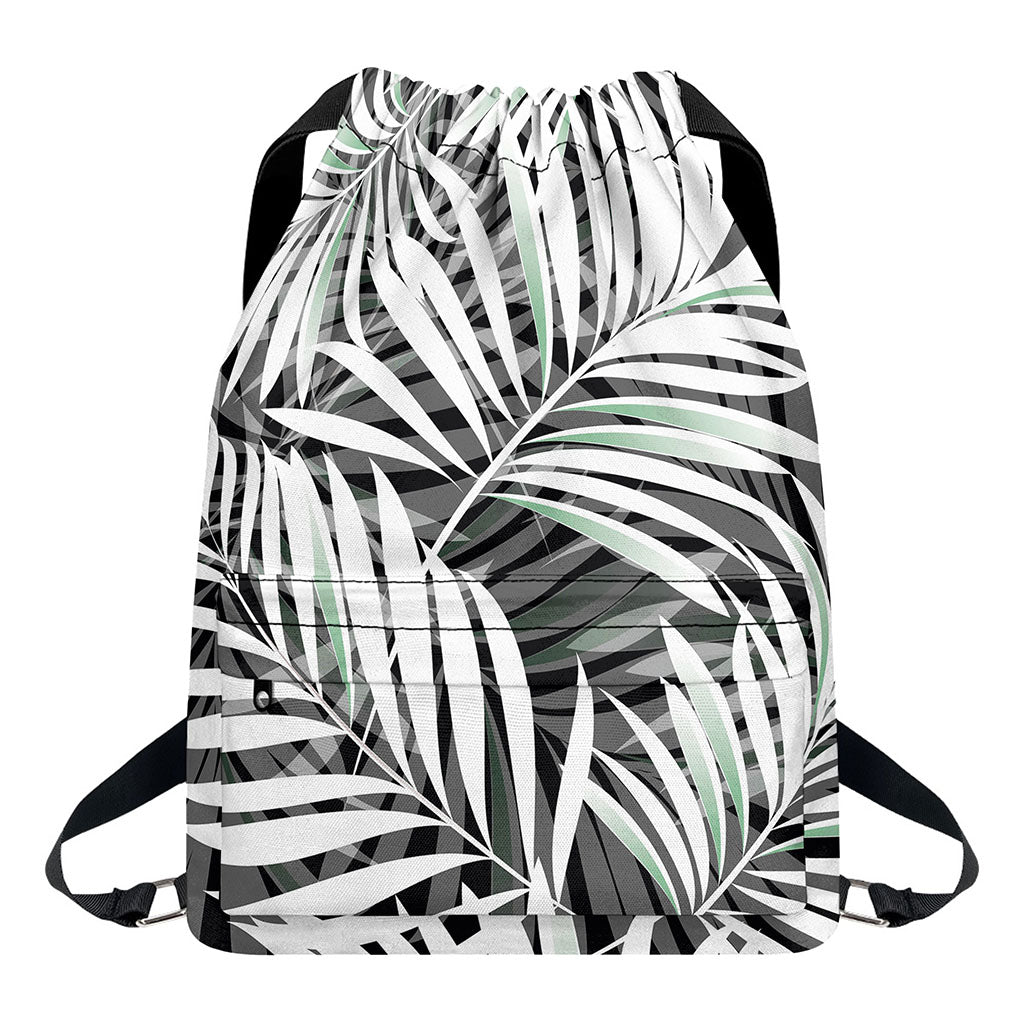 Black White Tropical Leaf Pattern Print Drawstring Backpack