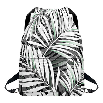 Black White Tropical Leaf Pattern Print Drawstring Backpack