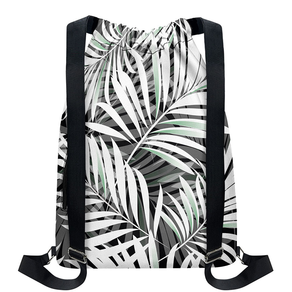 Black White Tropical Leaf Pattern Print Drawstring Backpack