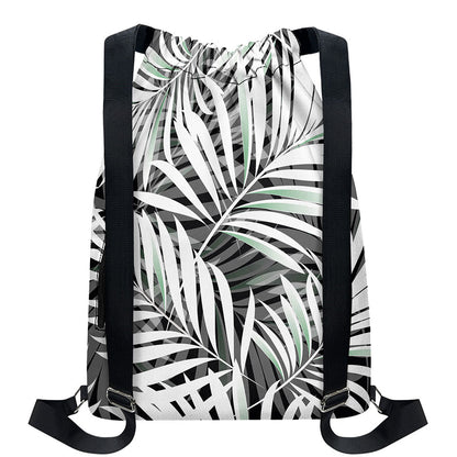 Black White Tropical Leaf Pattern Print Drawstring Backpack