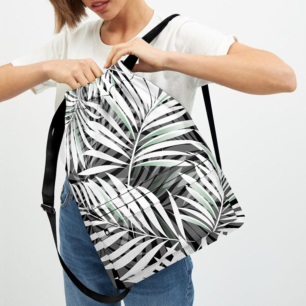 Black White Tropical Leaf Pattern Print Drawstring Backpack