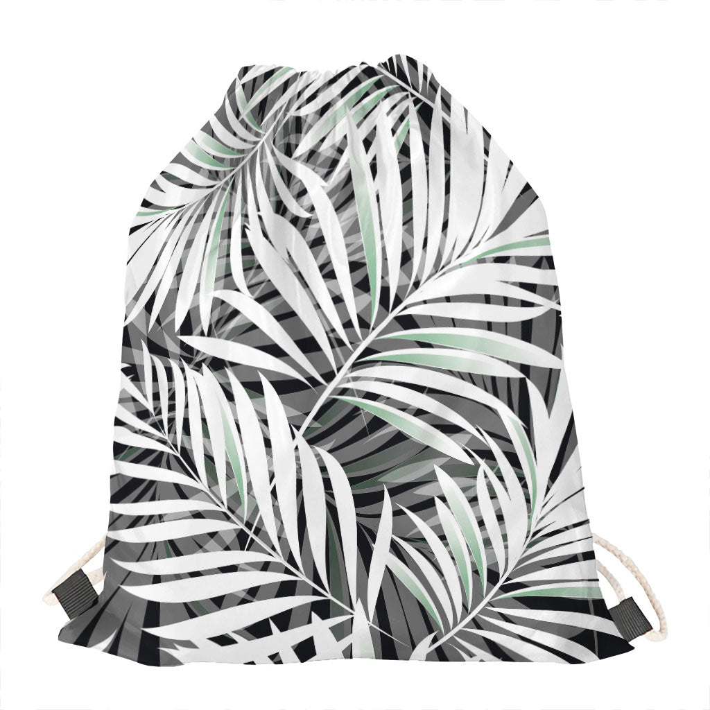 Black White Tropical Leaf Pattern Print Drawstring Bag