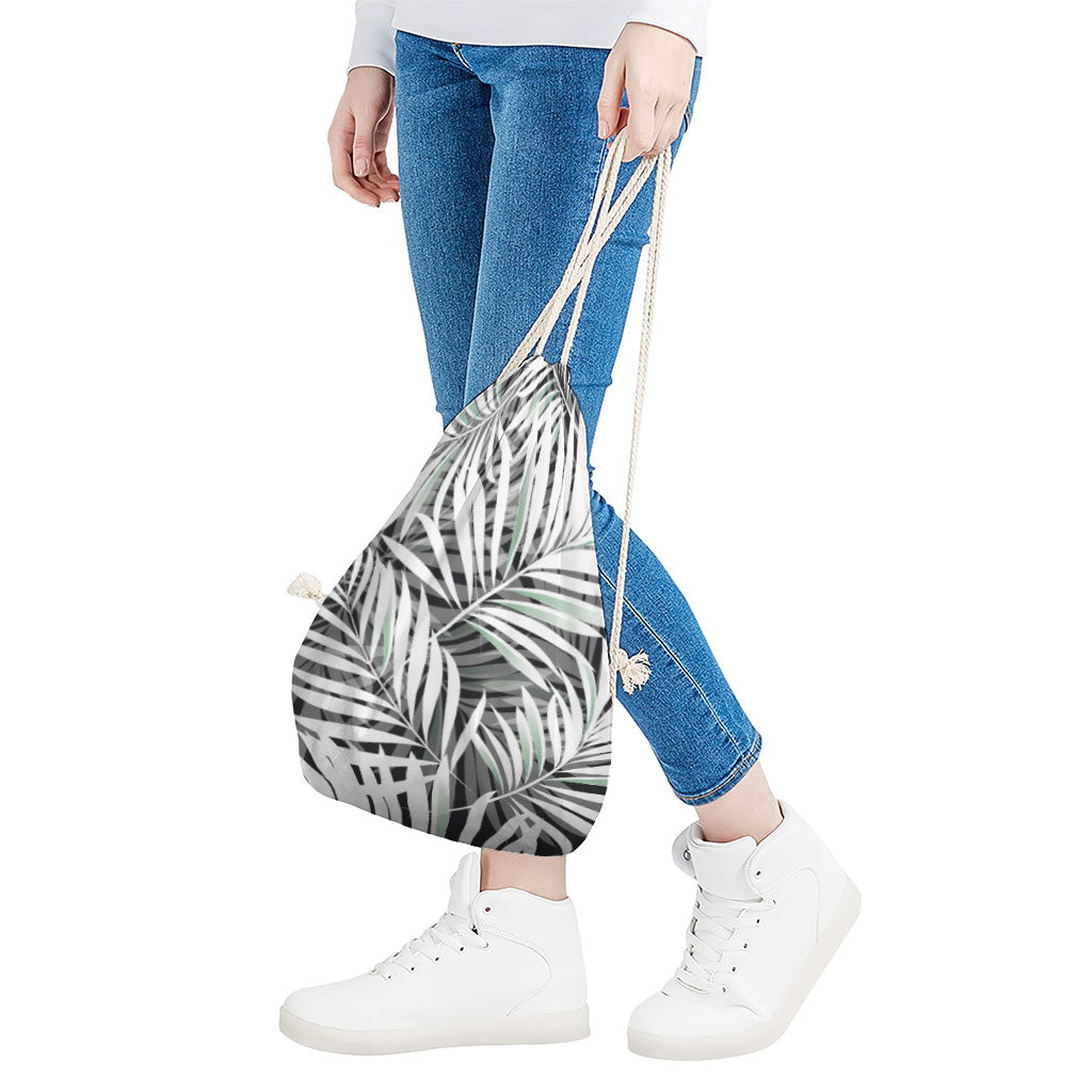 Black White Tropical Leaf Pattern Print Drawstring Bag