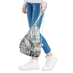 Black White Tropical Leaf Pattern Print Drawstring Bag