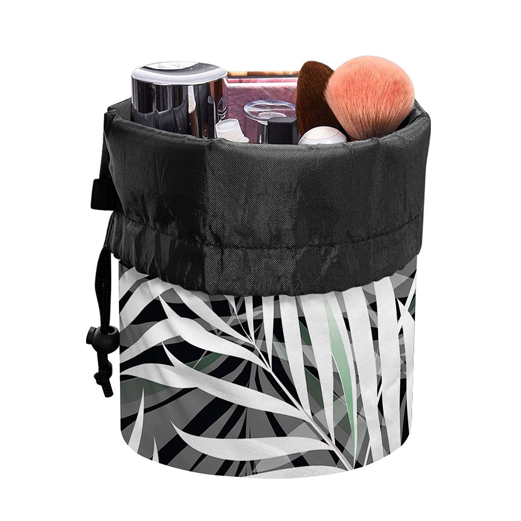 Black White Tropical Leaf Pattern Print Drawstring Makeup Bag