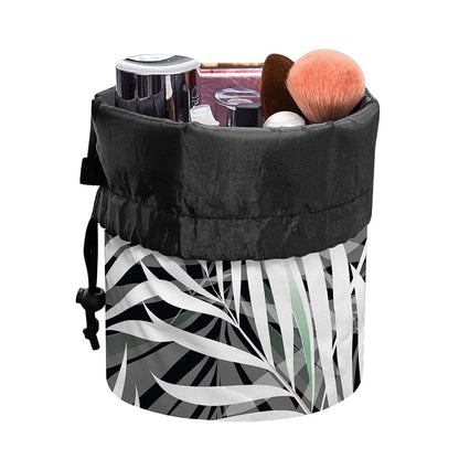 Black White Tropical Leaf Pattern Print Drawstring Makeup Bag