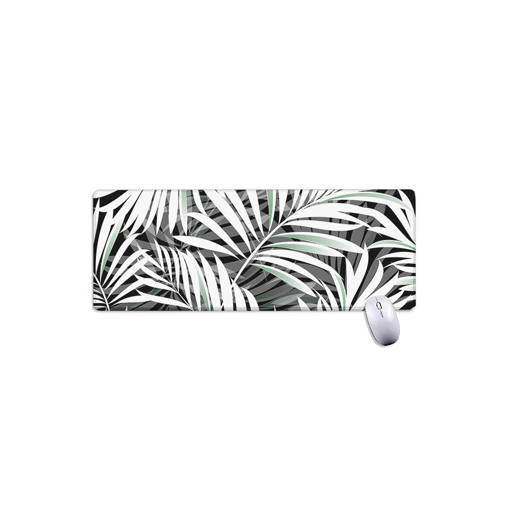 Black White Tropical Leaf Pattern Print Extended Mouse Pad