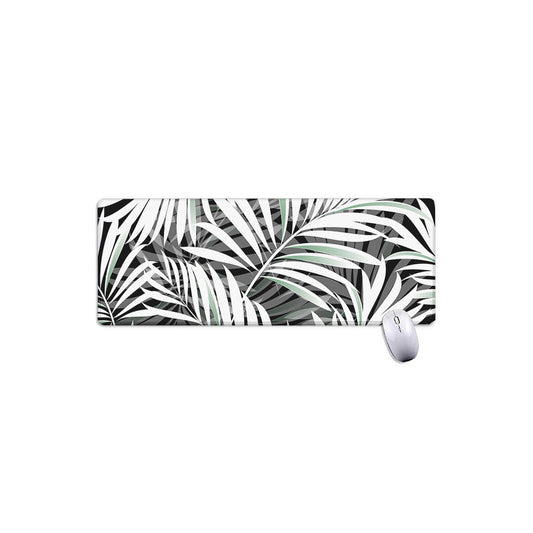 Black White Tropical Leaf Pattern Print Extended Mouse Pad