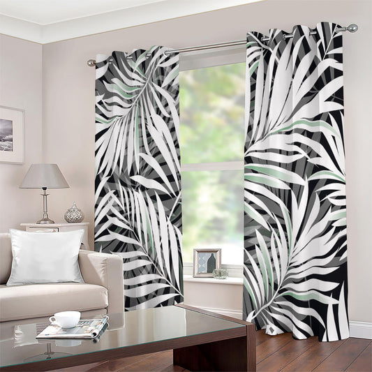Black White Tropical Leaf Pattern Print Extra Wide Grommet Curtains