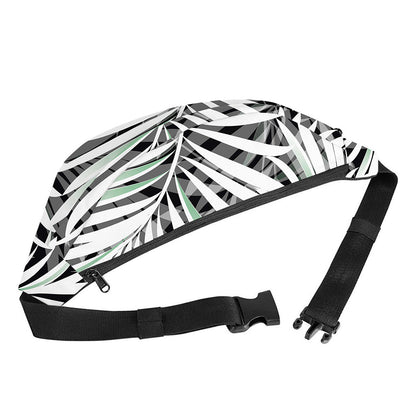 Black White Tropical Leaf Pattern Print Fanny Pack