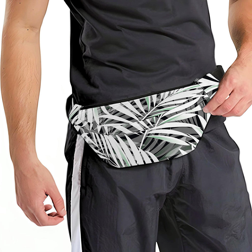 Black White Tropical Leaf Pattern Print Fanny Pack