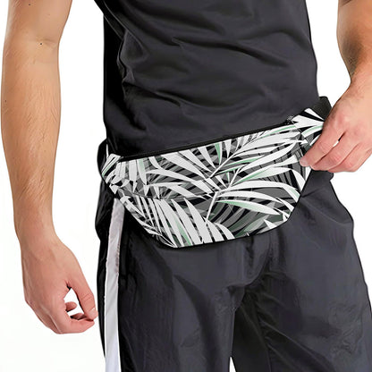 Black White Tropical Leaf Pattern Print Fanny Pack
