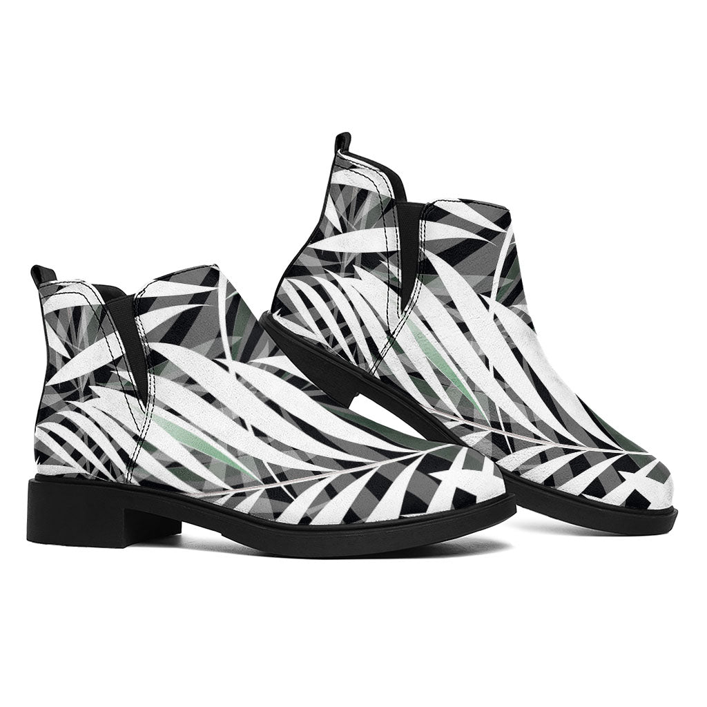 Black White Tropical Leaf Pattern Print Flat Ankle Boots