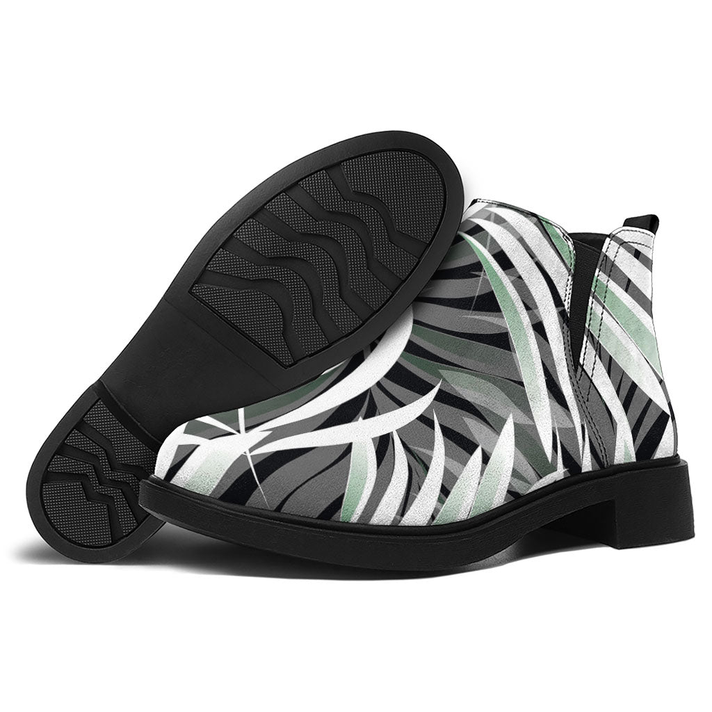 Black White Tropical Leaf Pattern Print Flat Ankle Boots