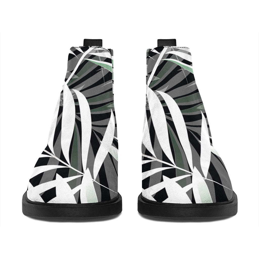Black White Tropical Leaf Pattern Print Flat Ankle Boots