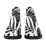 Black White Tropical Leaf Pattern Print Flat Ankle Boots