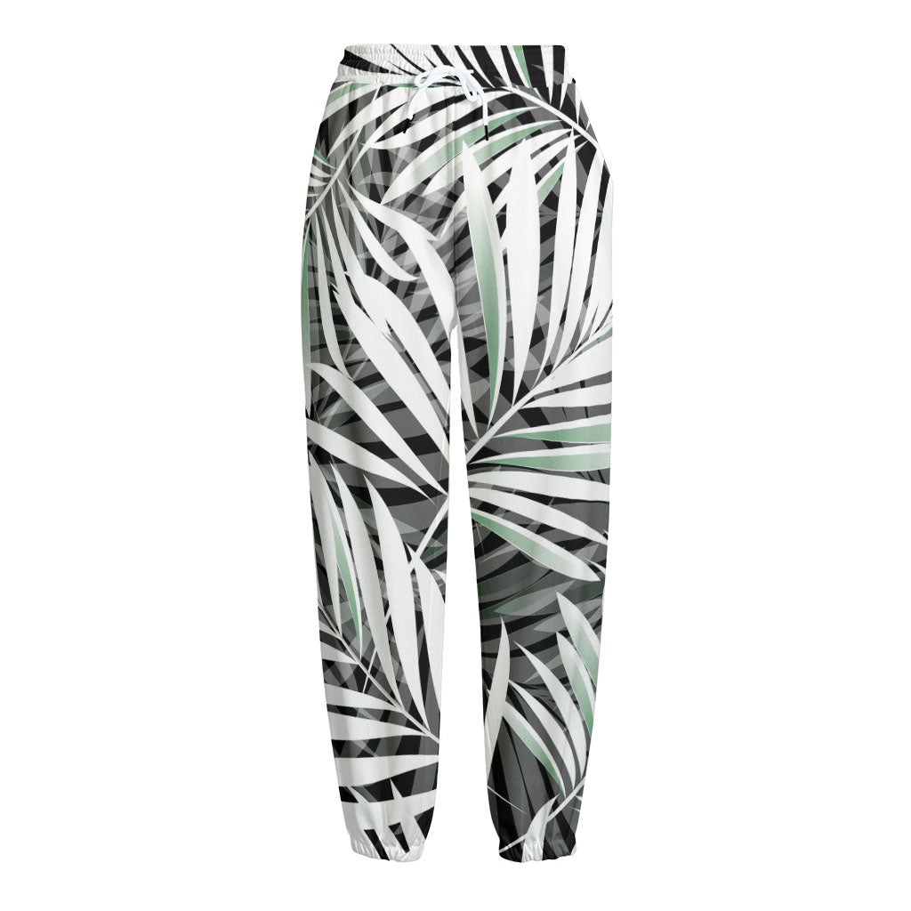 Black White Tropical Leaf Pattern Print Fleece Lined Knit Pants