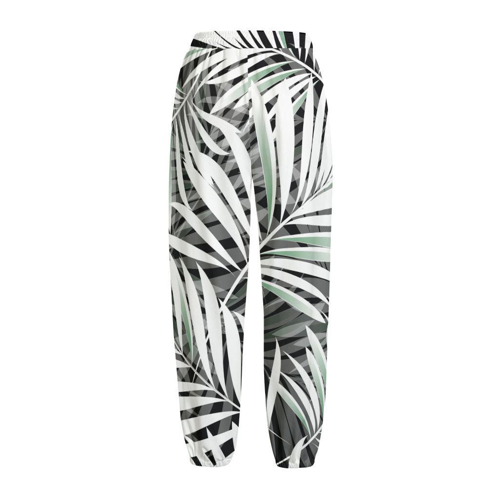 Black White Tropical Leaf Pattern Print Fleece Lined Knit Pants