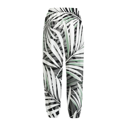 Black White Tropical Leaf Pattern Print Fleece Lined Knit Pants