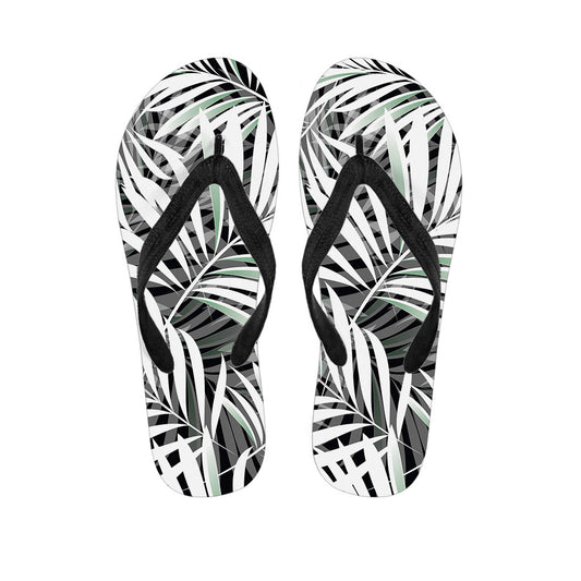 Black White Tropical Leaf Pattern Print Flip Flops