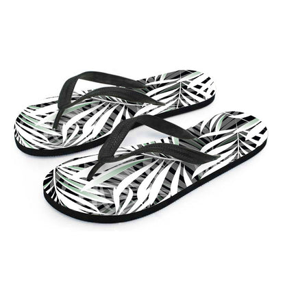 Black White Tropical Leaf Pattern Print Flip Flops