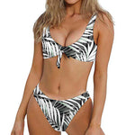 Black White Tropical Leaf Pattern Print Front Bow Tie Bikini