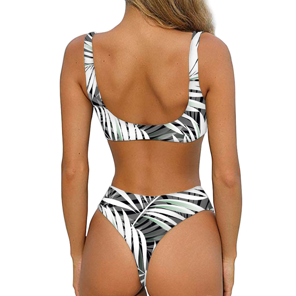 Black White Tropical Leaf Pattern Print Front Bow Tie Bikini