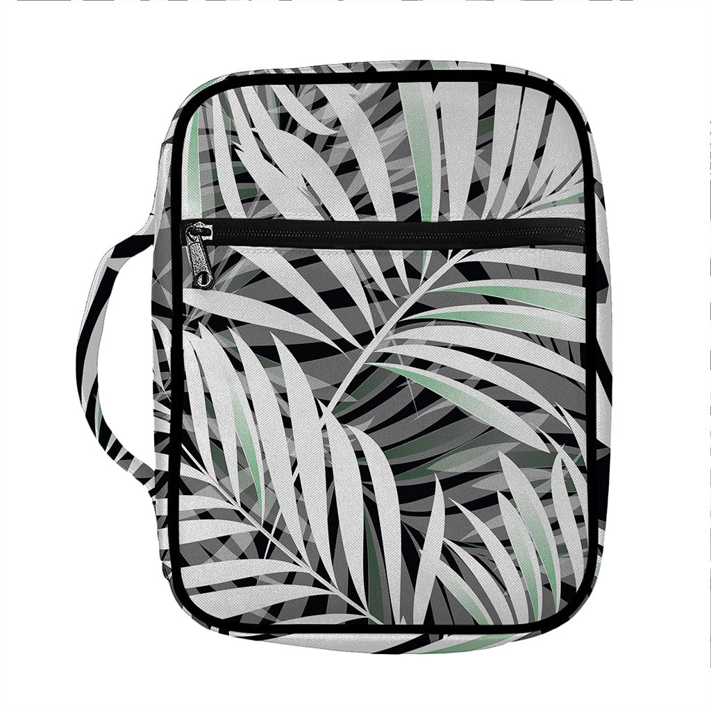 Black White Tropical Leaf Pattern Print Front Pocket Bible Bag
