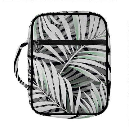 Black White Tropical Leaf Pattern Print Front Pocket Bible Bag