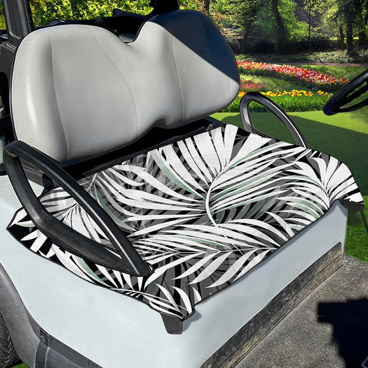 Black White Tropical Leaf Pattern Print Golf Cart Seat Cover
