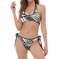 Black White Tropical Leaf Pattern Print Halter Scoop Tie Side Bikini