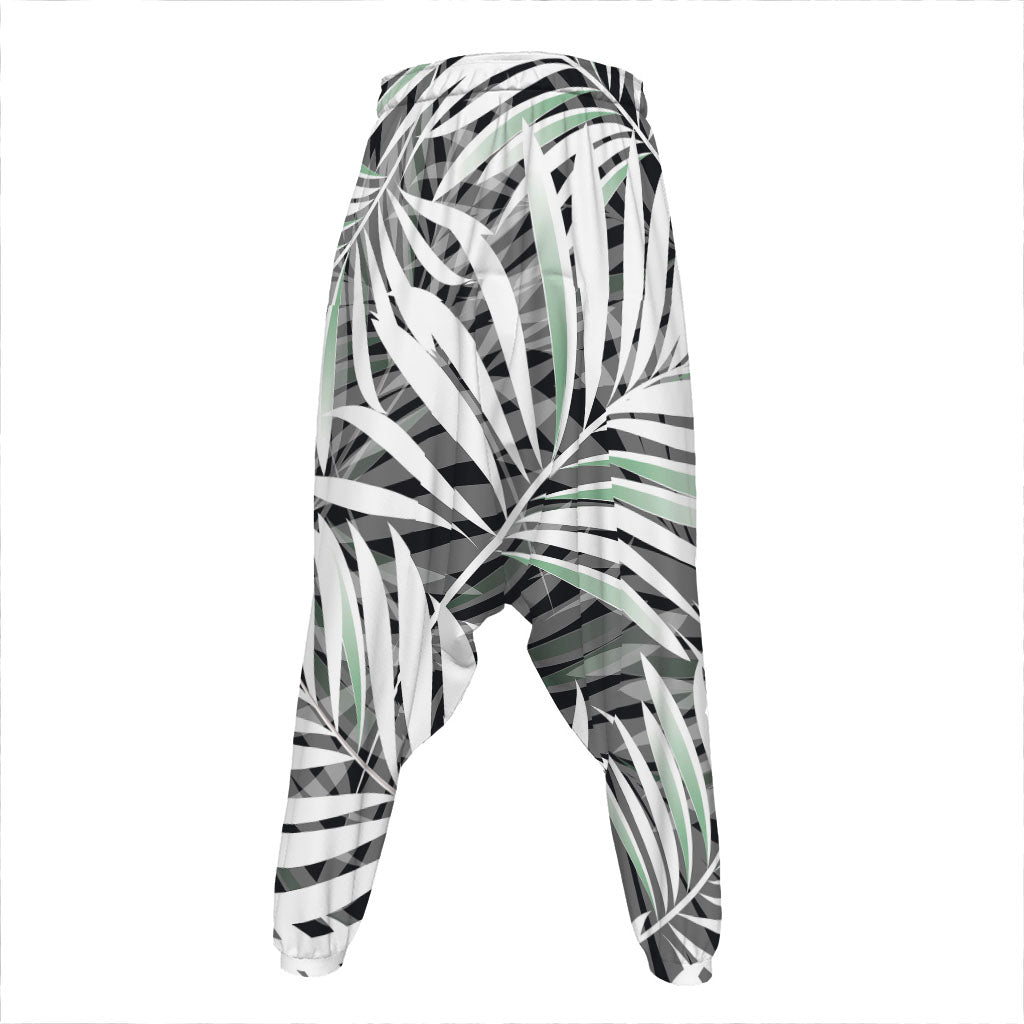 Black White Tropical Leaf Pattern Print Hammer Pants