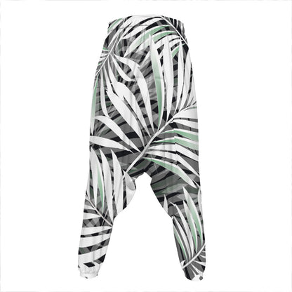 Black White Tropical Leaf Pattern Print Hammer Pants