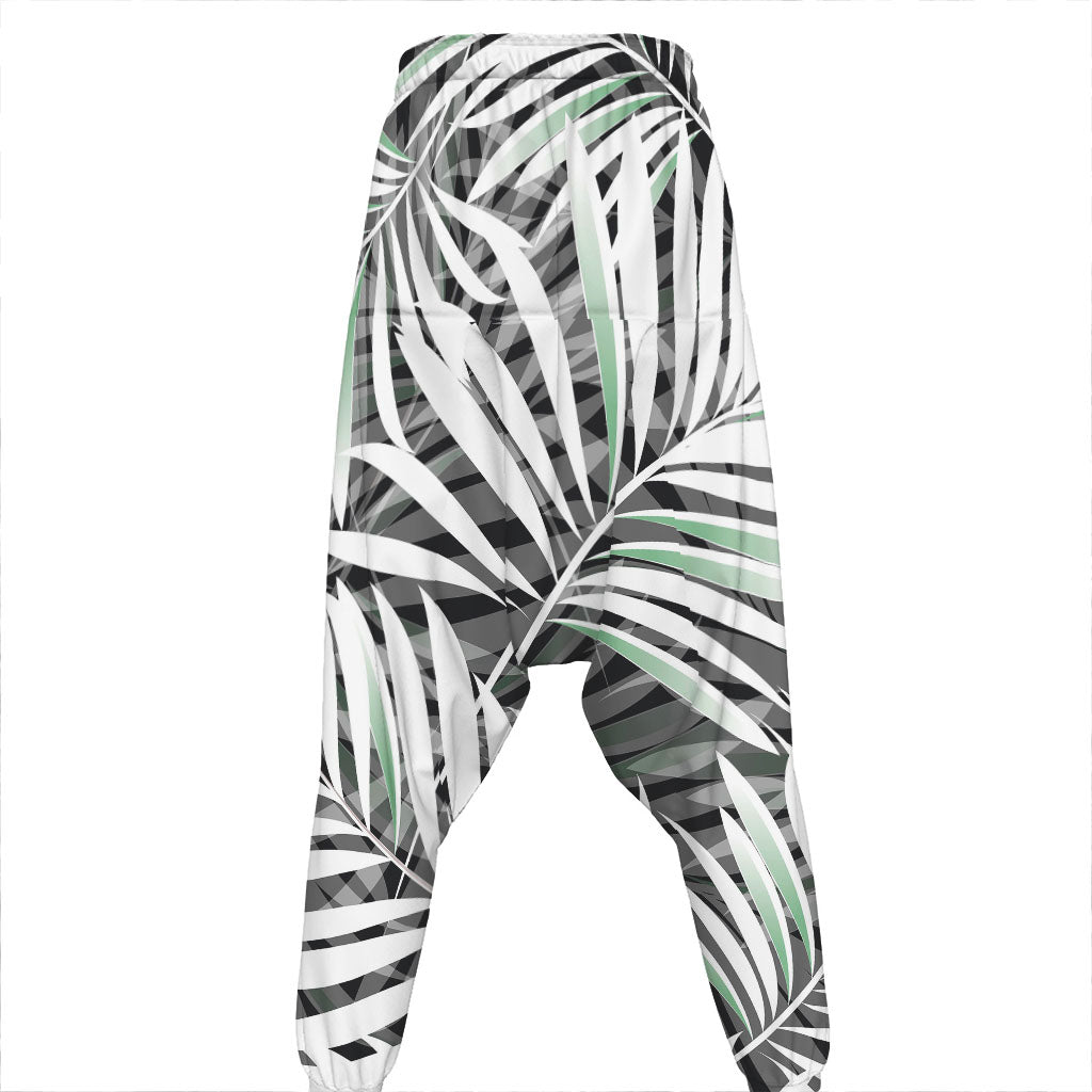 Black White Tropical Leaf Pattern Print Hammer Pants