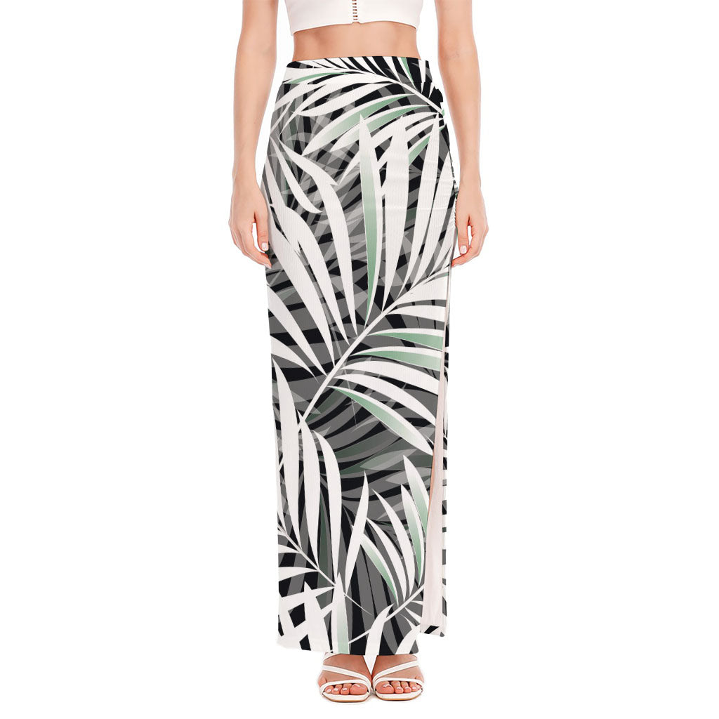 Black White Tropical Leaf Pattern Print High Slit Maxi Skirt