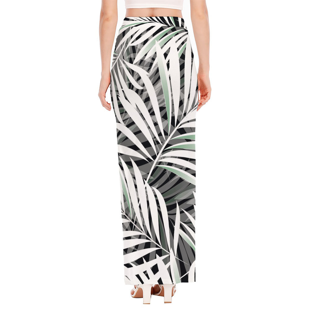 Black White Tropical Leaf Pattern Print High Slit Maxi Skirt