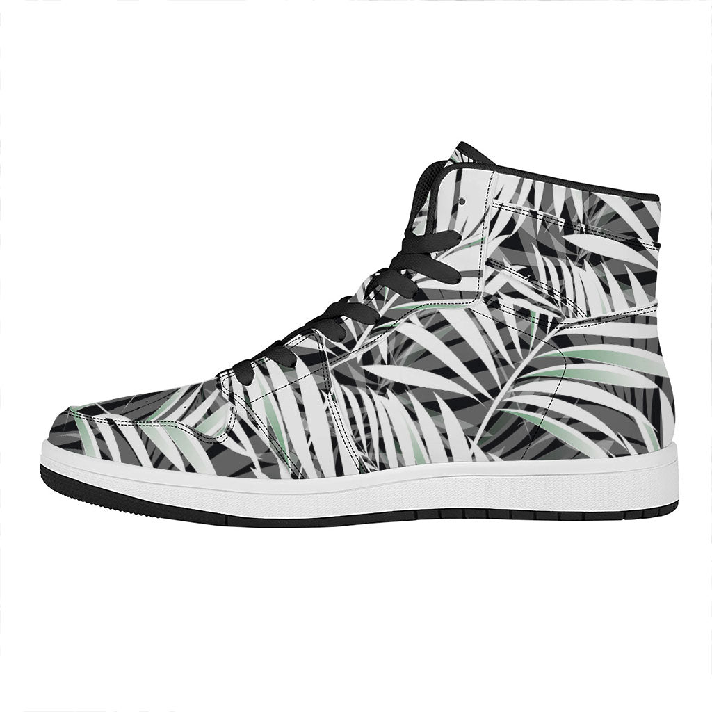 Black White Tropical Leaf Pattern Print High Top Leather Sneakers