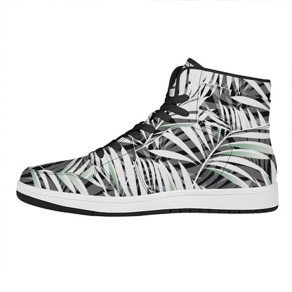Black White Tropical Leaf Pattern Print High Top Leather Sneakers