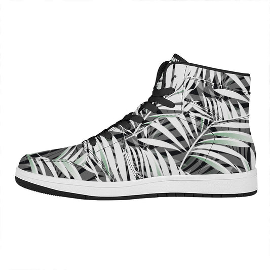 Black White Tropical Leaf Pattern Print High Top Leather Sneakers