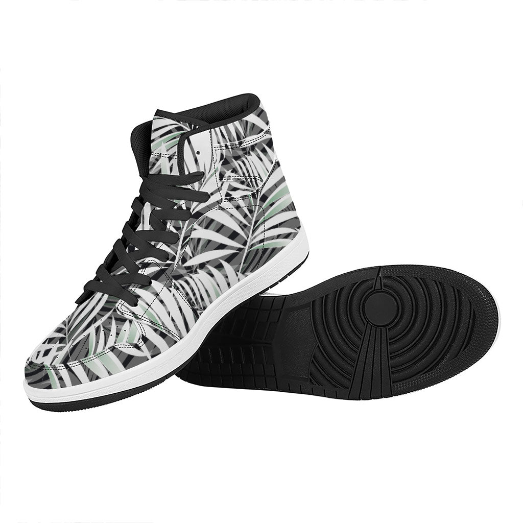 Black White Tropical Leaf Pattern Print High Top Leather Sneakers