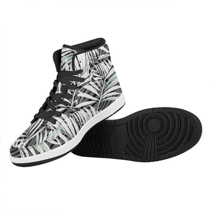 Black White Tropical Leaf Pattern Print High Top Leather Sneakers