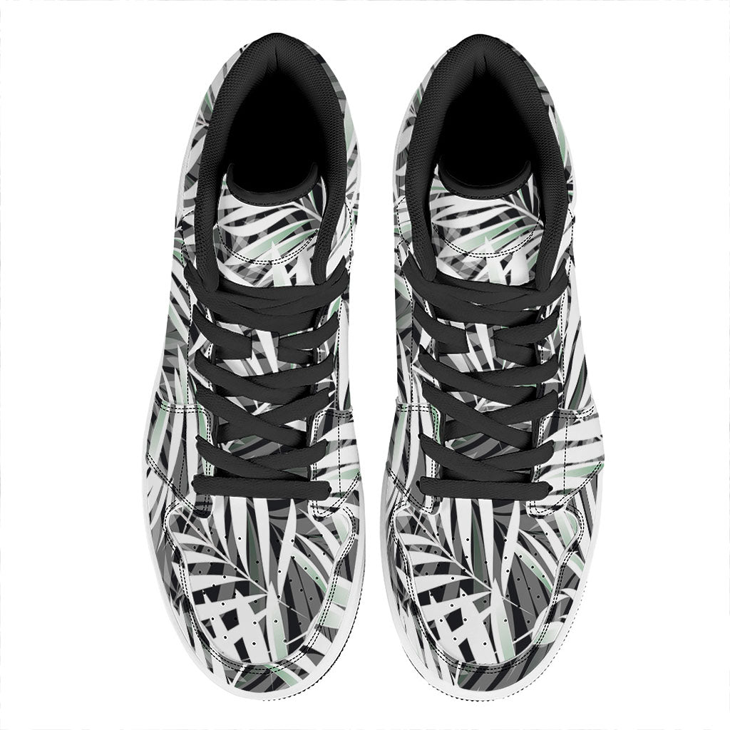 Black White Tropical Leaf Pattern Print High Top Leather Sneakers
