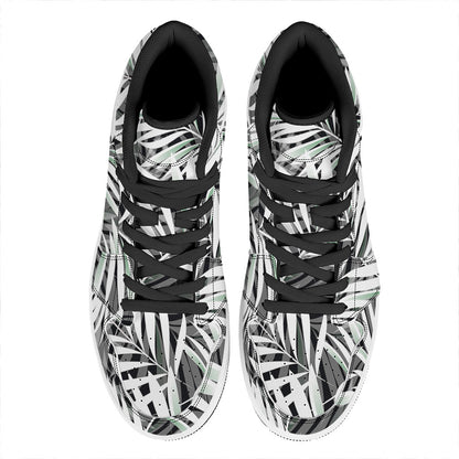 Black White Tropical Leaf Pattern Print High Top Leather Sneakers
